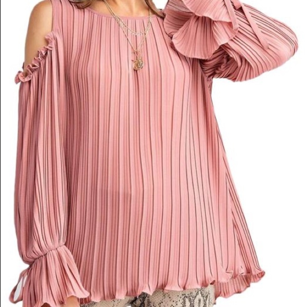 Tan Easel Ginny Ruffle Pleated Top